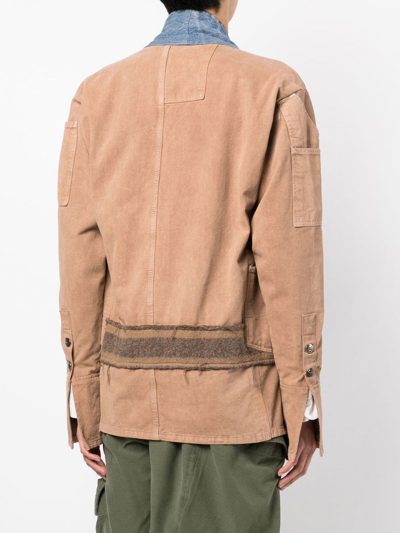 Greg Lauren Patchwork-design Denim-trim Jacket In Brown