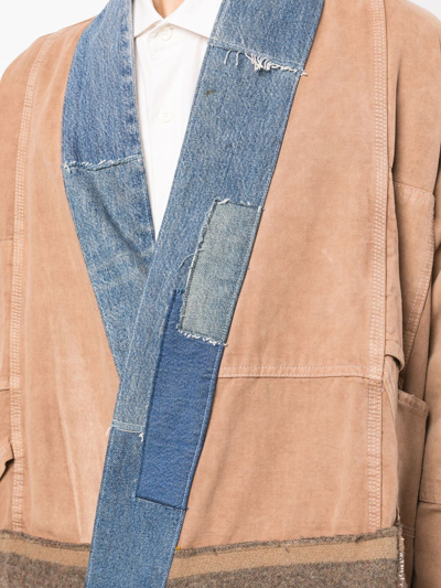 Greg Lauren Patchwork-design Denim-trim Jacket In Brown