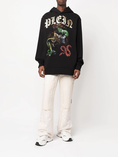 Philipp Plein Graphic Print Cotton Hoodie In Schwarz