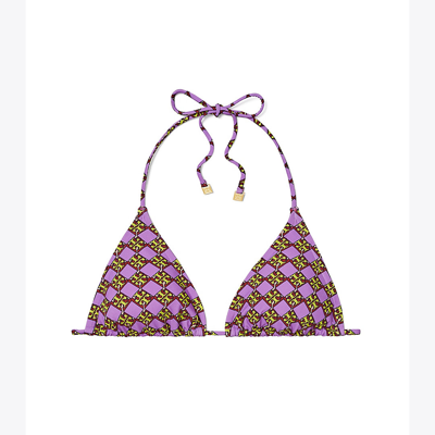 Shop Tory Burch Printed String Bikini Top In 3d Checkered Logo Lilac