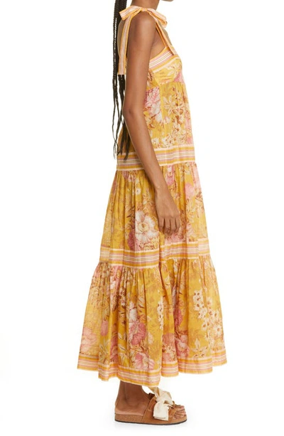 Shop Zimmermann Pattie Tie Shoulder Cotton Maxi Dress In Mustard Floral