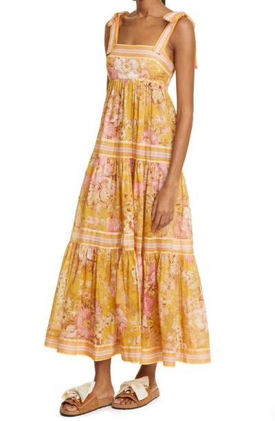 Shop Zimmermann Pattie Tie Shoulder Cotton Maxi Dress In Mustard Floral