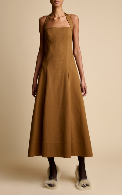 Shop Khaite Lalita Cotton-blend Midi Dress In Brown