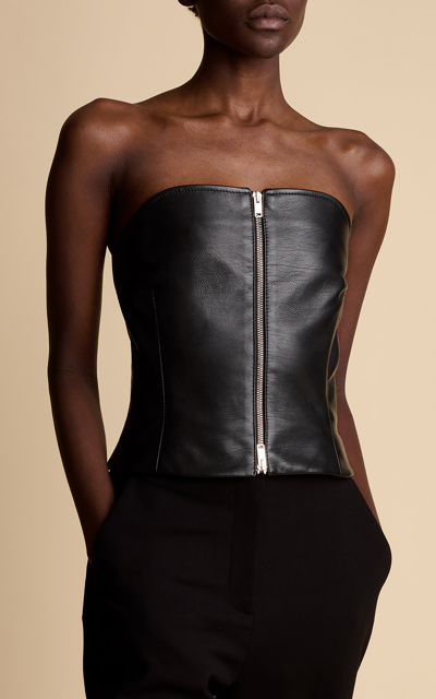 Shop Khaite Ira Strapless Leather Top In Black