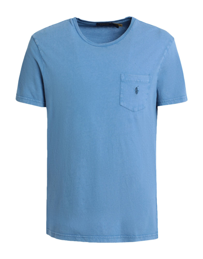 Shop Polo Ralph Lauren Custom Slim Cotton-linen Pocket T-shirt Man T-shirt Blue Size L Cotton, Linen