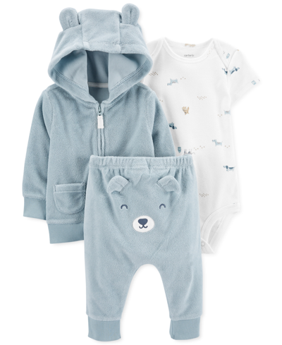 Shop Carter's Baby Boys Terry Cardigan, Bodysuit, And Pants, 3 Piece Set In Blue