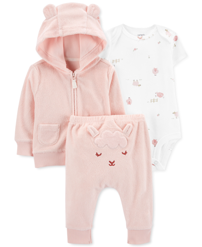 Shop Carter's Baby Girls Terry Cardigan, Bodysuit, And Pants, 3 Piece Set In Pink
