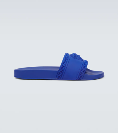 Shop Versace Palazzo Rubber Pool Slides In Royal Blue