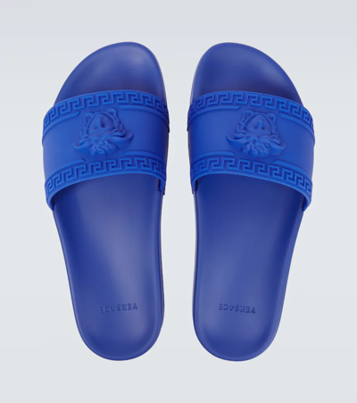 Shop Versace Palazzo Rubber Pool Slides In Royal Blue