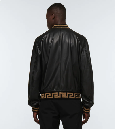 Shop Versace Leather Jacket In Nero+oro