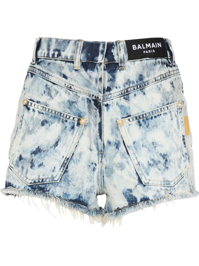 Shop Balmain Bleached Denim Mini Shorts In Blue