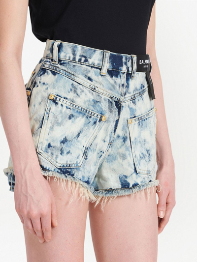 Shop Balmain Bleached Denim Mini Shorts In Blue