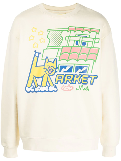 Shop Market Feline Society Cotton Sweatshirt In Neutrals
