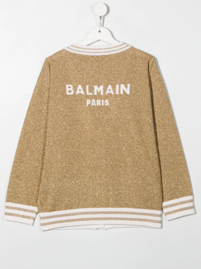 Shop Balmain Teen Embroidered-logo Cardigan In Gold