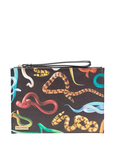 Shop Seletti Snake-print Wash Bag In Black