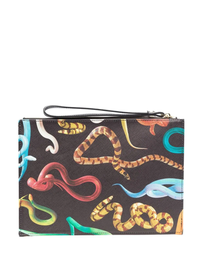 Seletti Snake-print Wash Bag In Black
