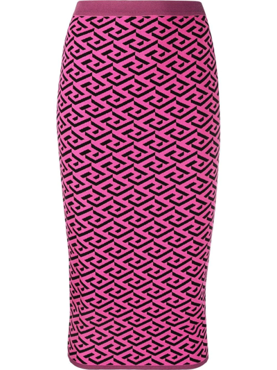 Shop Versace La Greca Pattern Knitted Skirt In Pink