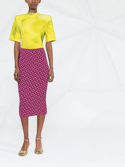 Shop Versace La Greca Pattern Knitted Skirt In Pink