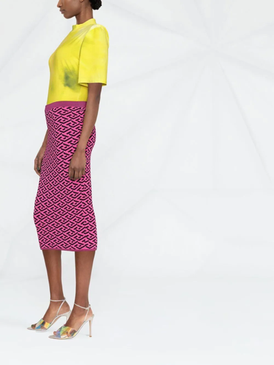 Shop Versace La Greca Pattern Knitted Skirt In Pink