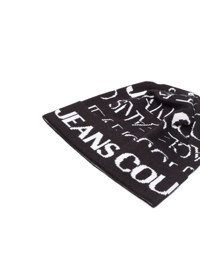 Shop Versace Jeans Couture Logo Embroidered Beanie Hat In Black
