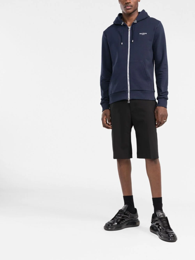 Balmain Zipped Flock Hoodie In Blue