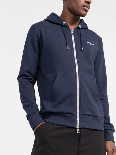 Balmain Zipped Flock Hoodie In Blue