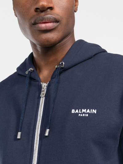 Balmain Zipped Flock Hoodie In Blue