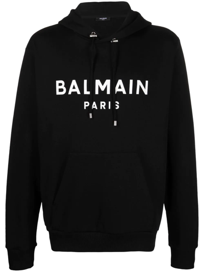 Shop Balmain Logo-print Drawstring Hoodie In Black