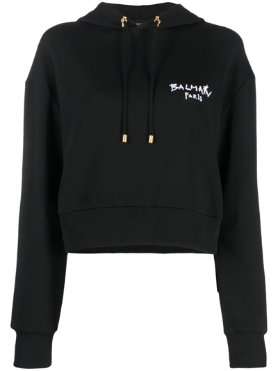 Shop Balmain Logo-print Cotton Hoodie In Black