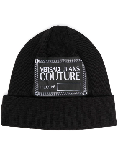 Shop Versace Jeans Couture Logo-patch Knitted Beanie In Black