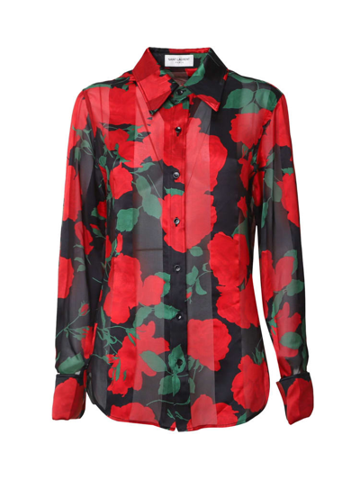 Shop Saint Laurent Floral Print Silk Shirt In Black