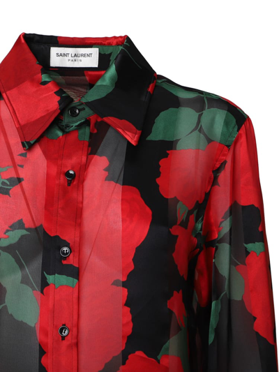 Shop Saint Laurent Floral Print Silk Shirt In Black