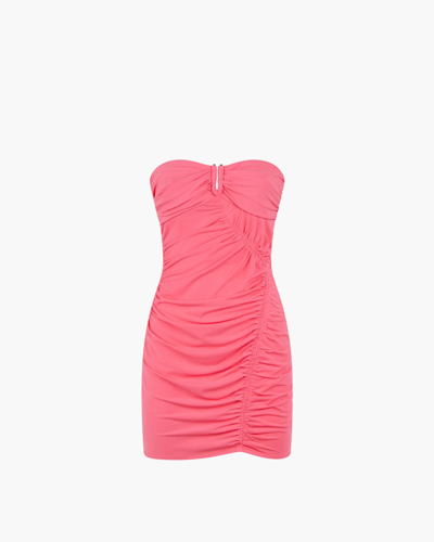 Shop Self-portrait Jersey Strapless Ruched Mini Dress In Pop Pink