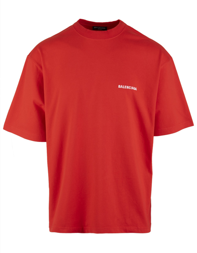 Shop Balenciaga Man Red Regular Fit T-shirt With White Logo In Bright Red/white