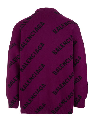 Shop Balenciaga Woman Purple Oversized Sweater With All-over Black Logo In Purple/black