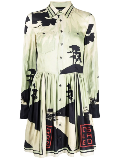 Dsquared2 Graphic-print Shirt Dress In Green
