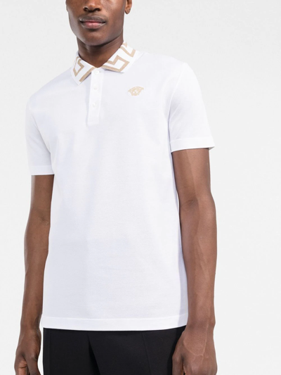 Shop Versace Greca Cotton Polo Shirt In White