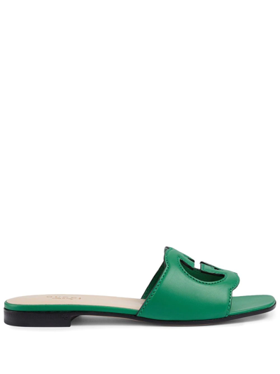 Shop Gucci Logo-cut Out Leather Sandals In Green