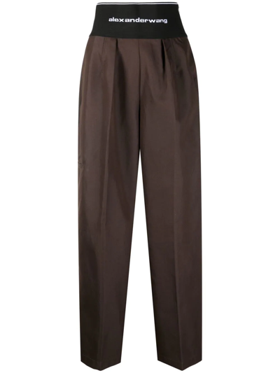 Shop Alexander Wang Logo-waistband Wide-leg Trousers In Brown