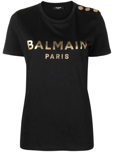 Balmain Cotton T-shirt With Gold Colored Logo Print In Black