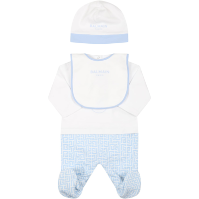 Shop Balmain White Set For Baby Boy With Light Blue Logo In Multicolor