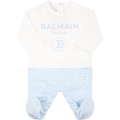 Shop Balmain White Set For Baby Boy With Light Blue Logo In Multicolor