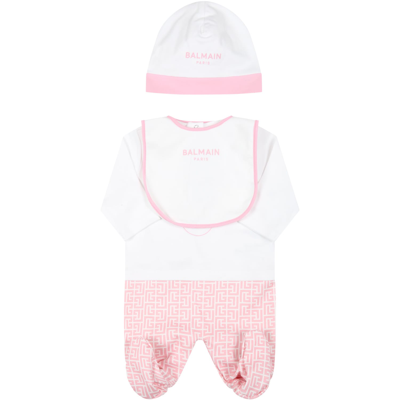 Shop Balmain White Set For Baby Girl With Pink Logo In Multicolor