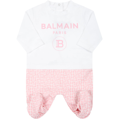 Shop Balmain White Set For Baby Girl With Pink Logo In Multicolor