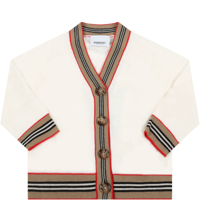 Shop Burberry Ivory Cardigan For Baby Boy With White Embroidered Logo