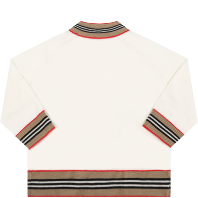Shop Burberry Ivory Cardigan For Baby Boy With White Embroidered Logo