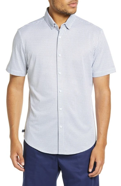 Shop Mizzen + Main Halyard Dot Short Sleeve Stretch Button-up Shirt In Blue Geo Twill Print