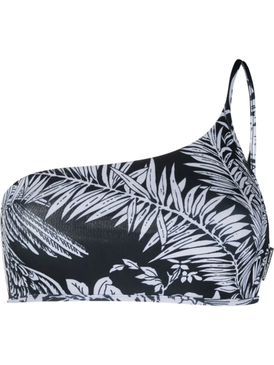Shop Palm Angels Leaf-print One-shoulder Bikini Top In Black