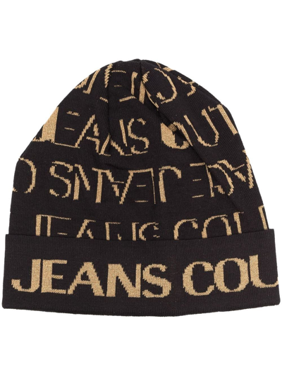 Shop Versace Jeans Couture Logo Embroidered Beanie Hat In Schwarz
