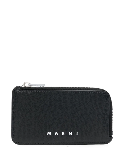 Shop Marni Logo-print Leather Zip-around Wallet In Schwarz